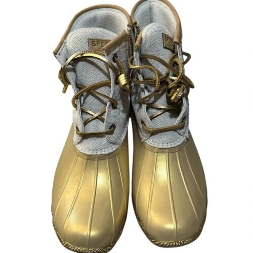 Sperry Saltwater Duck Boots Metallic Gold Oatmeal Waterproof Rain Boots Womens 8